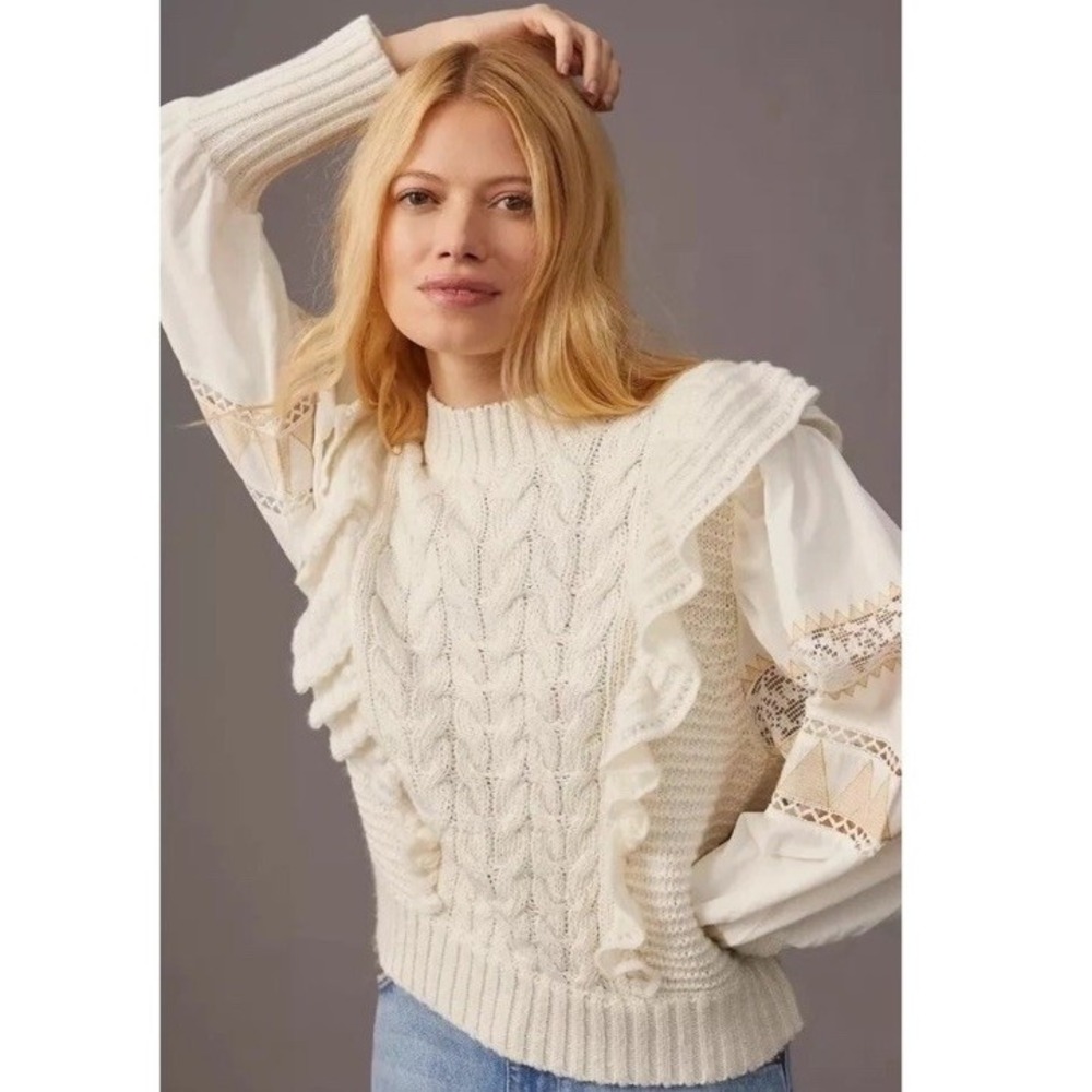 Anthropologie Cable Knit Ivory Ruffle Puff Sleeve Lace Sweater XL Boho Cotton
